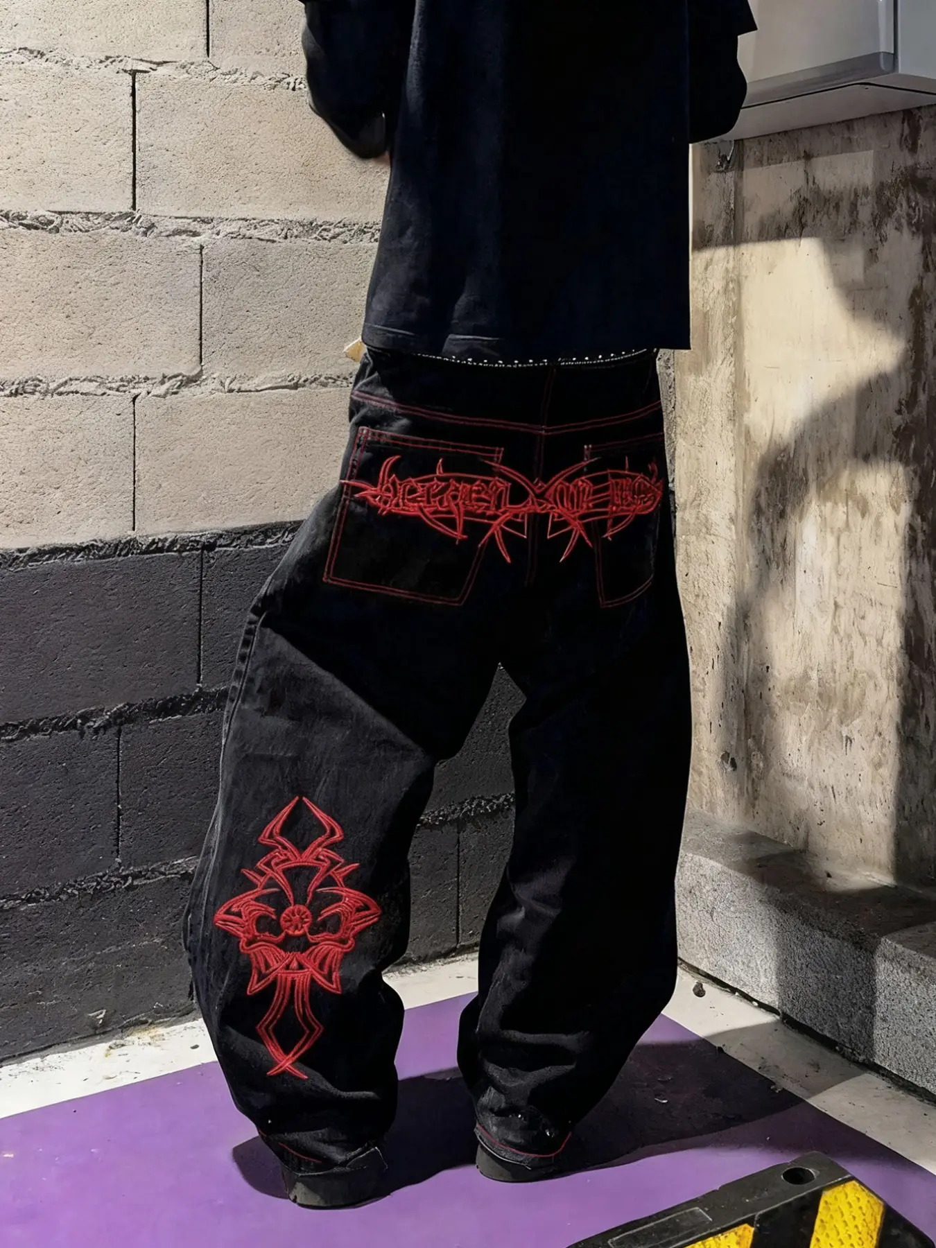 Men's Loose Washed Denim Pocket Jeans, Baggy Jean, Casual Fashionable Classic Embroidered Jeans, Versatile Streetwear Denim Jeans for All Seasons, Comfortable and Stylish, Pants, Denim Embroidery Jeans
