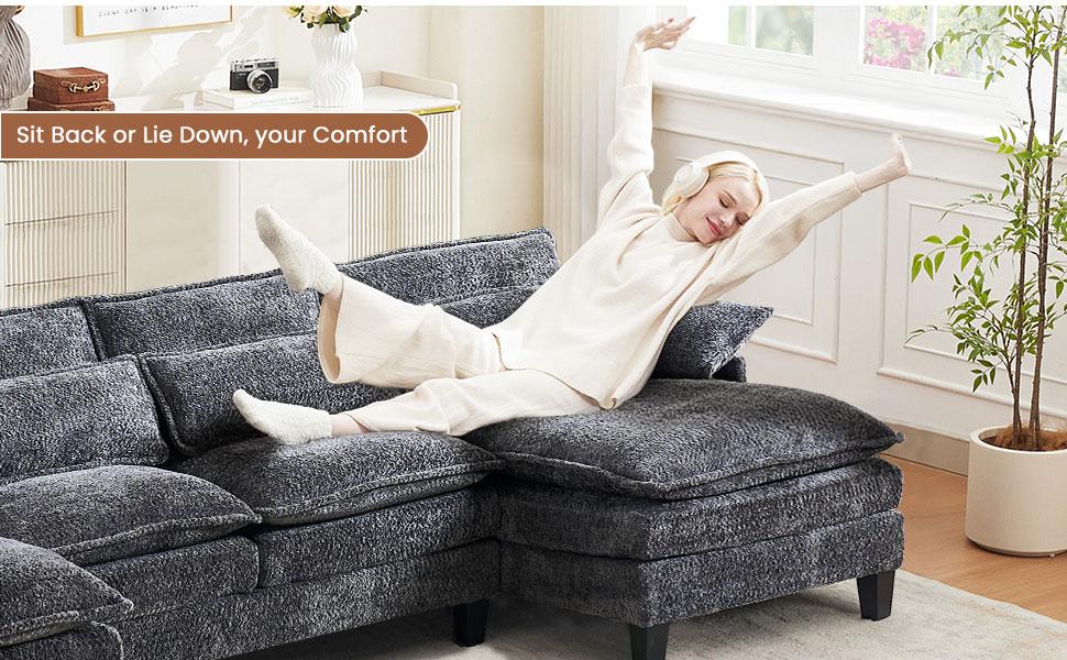 【3 Packages】110" U Shaped Couch,Modular Sectional Sofa with 4 Waist Pillows,Sleeper Deep Seat Couch with Double Chaise Lounge & Memory Foam for Living Room
