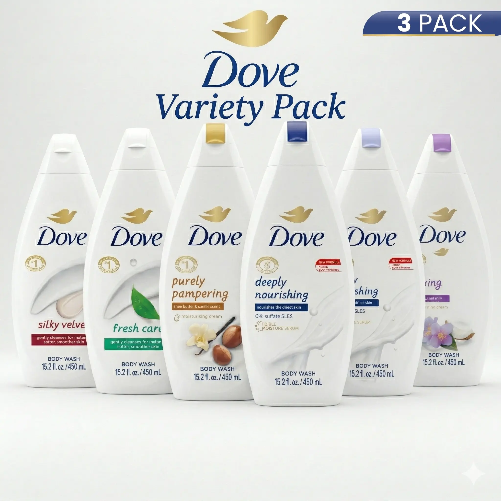 Dove Body Wash Variety Pack with 1/4 Moisturizing Cream, Hydrating Gentle Formula for Sensitive Skin, Unisex Shower Products, 3x15.2 oz, Smelling Good Fresh & Clean Youth Everything Shower Bundle, Soft Skin Cleanser