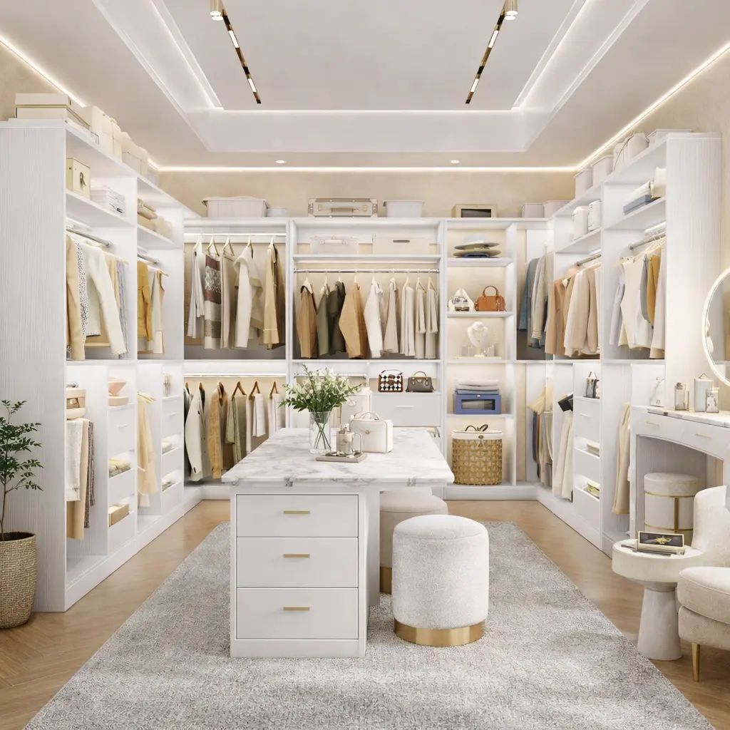Unikito Corner Closet System with 6 Wooden Drawers and 6 Hanging Rods,Sturdy Walk-in Closet Organizer Wardrobe with Storage Shelves，3000 lbs Capacity