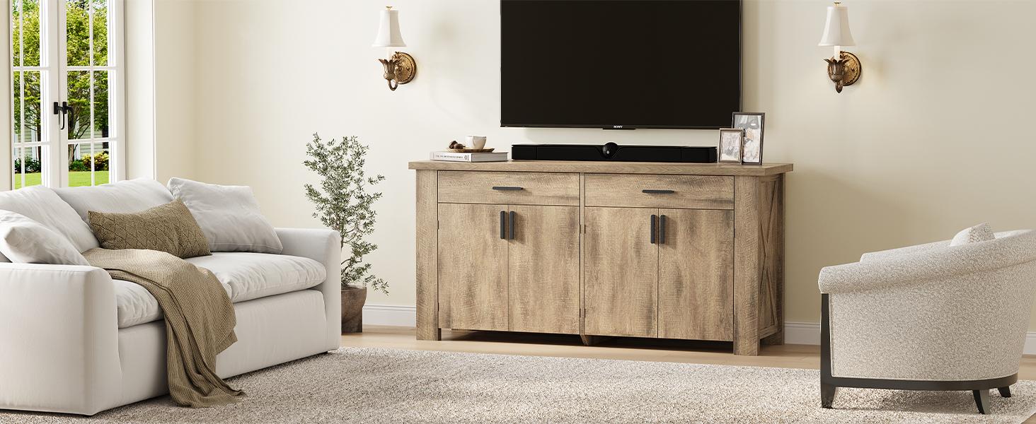 【SPOTLIGHT DAY】ONBRILL 61 Inch Sideboard Buffet Cabinet with Storage, Buffet Cabinet with 2 Drawers & 4 Doors, Farmhouse Sideboard with Adjustable Shelves, Coffee Bar Cabinets for Living Room, Kitchen