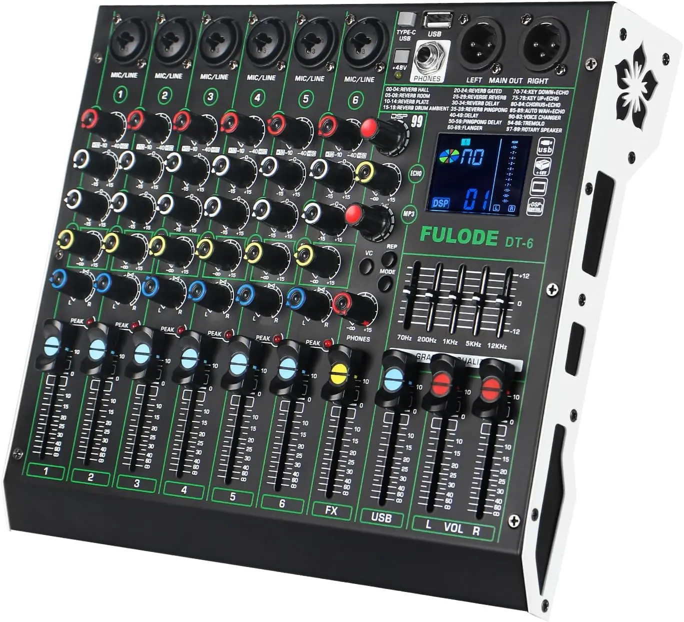 DT-6 6-Channel Professional DJ Controller Mixer Sound Board - PA Console with 99 DSP Effects (Including Reverb), Bluetooth/USB/XLR Combo Connections, 48V Phantom Power, Vocal Removal, Smartphone Compatibility for DJs, Live Streamers, Studio Use