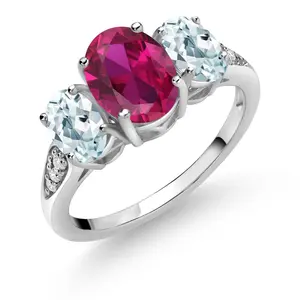 Gem Stone King 10K White Gold 3-Stone Oval Ring for Women | Gemstone Birthstone and Aquamarine and Lab Grown Diamond | 8X6MM 6X4MM | Wedding Anniversary Engagement Ring