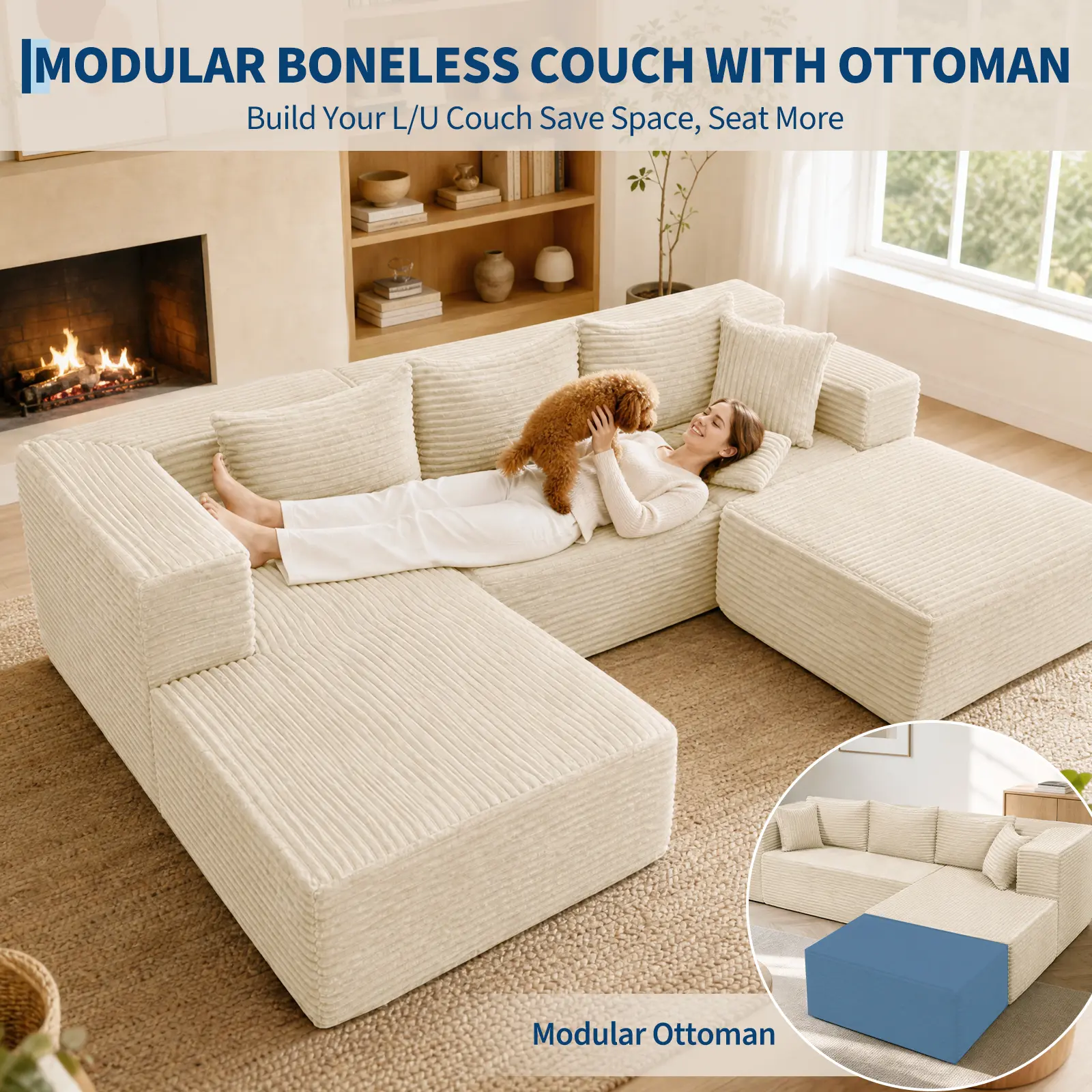 Garvee Modular Boneless Ottoman Couch for Living Room with Corduroy Upholstery, Compact and Comfy Sectional Sofa Ideal for Small Spaces, Vacuum Compressed Foot Rest, Versatile Cloud Sectional Design
