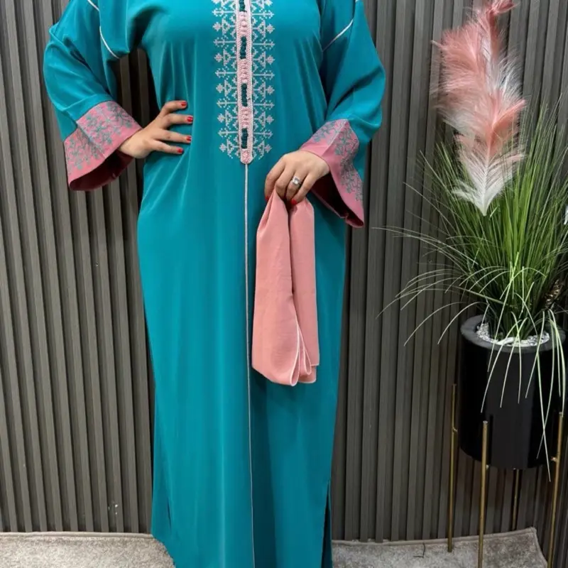 Moroccan jalabia orange with green Ebroidery details-Elegant traditional women s wear