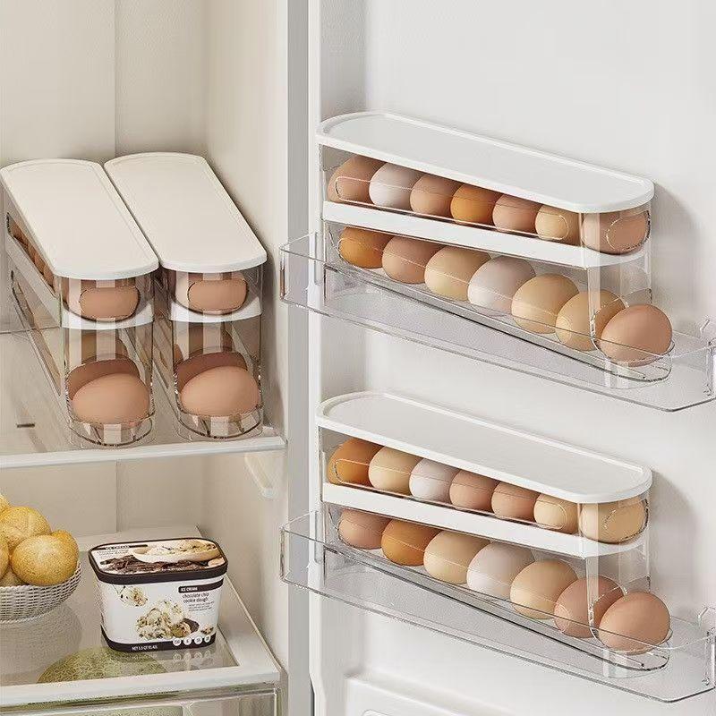 Egg Organizer，Rolling Egg Storage Box Kitchen Multi-Layer Stackable Fridge Organizer Creative Slanted Refrigerator Accessories Side Door Dedicated Automatic Replacement Egg Tray Freshness Box,Mother's Day gift