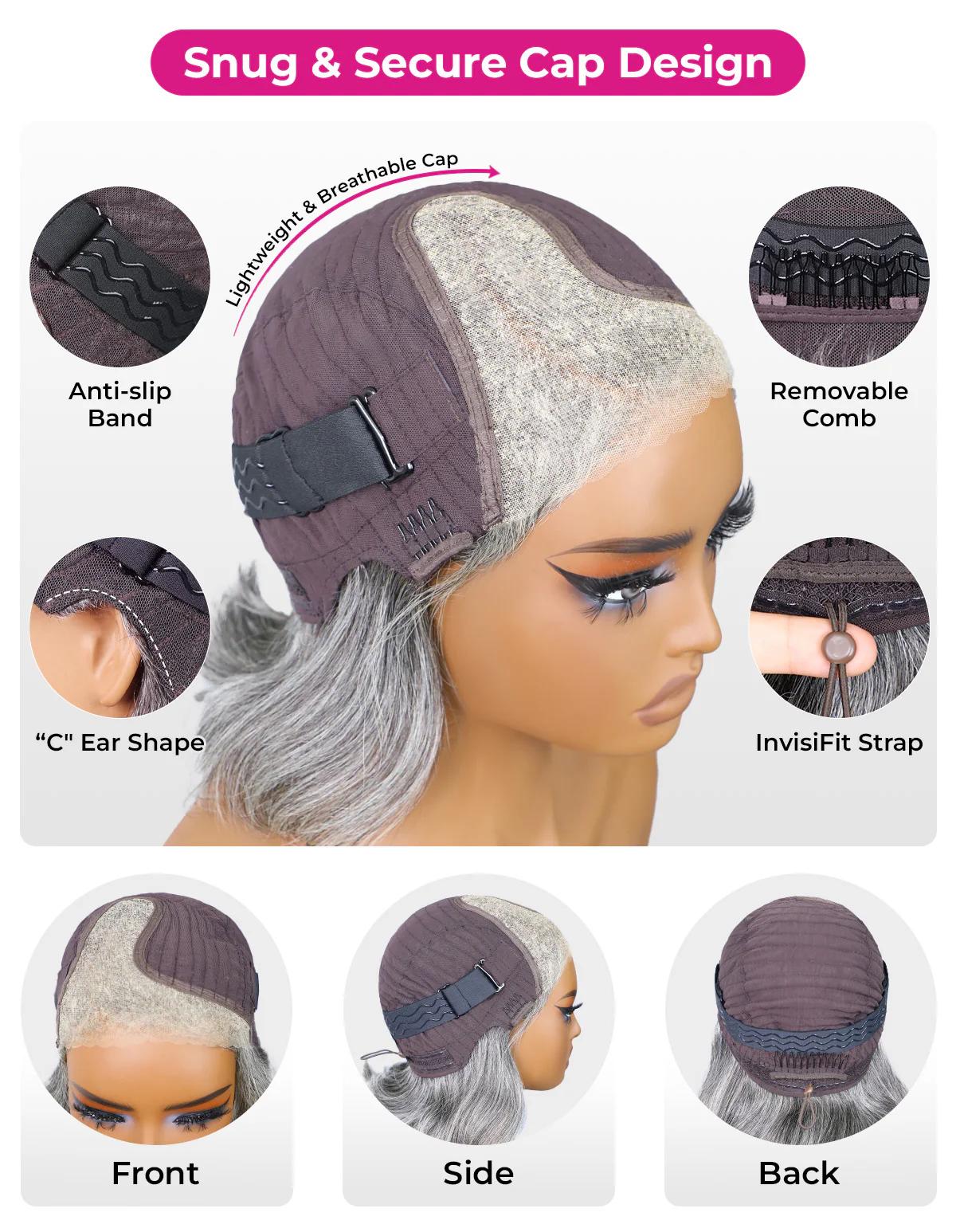 [New Arrivals] ISEE HAIR New In Wear Go Salt and Pepper Layered Bob Glueless Wig Pre-Cut Lace InvisiFit Strap Grey Wig SpringStatements