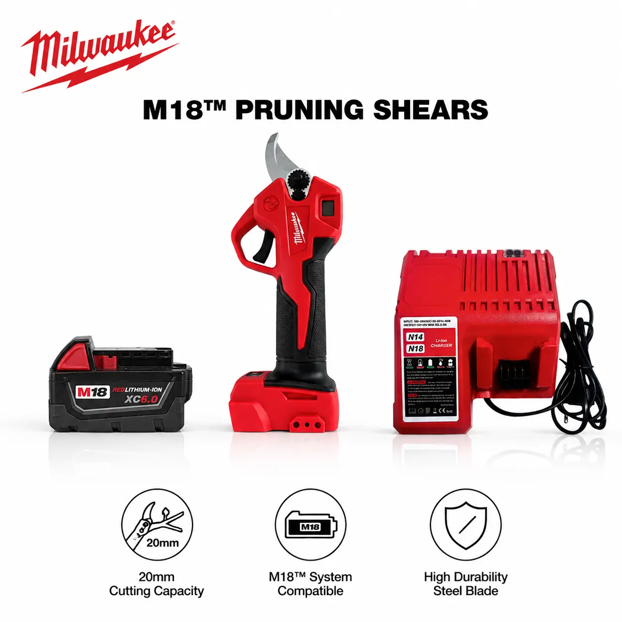 Milwaukee M18 Cordless Pruning Shears Kit with XC6.0 Battery for Orchard Tree Trimming, Brushless Power Tool Features 1-1/4 Inch Capacity SK5 Blades Designed for Smooth Hardwood Branch Cutting Work