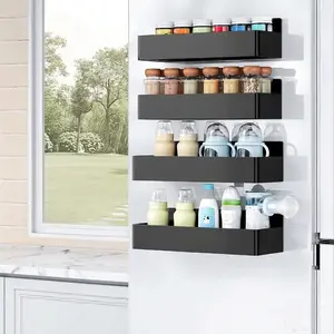 4PC Strong Magnetic Shelf Organizer | No Drill Space Saver Rack for Fridge, Kitchen & Bathroom | Heavy Duty, Rustproof, Viral Home Storage Hack organization lmprovement shelf Spice Drink