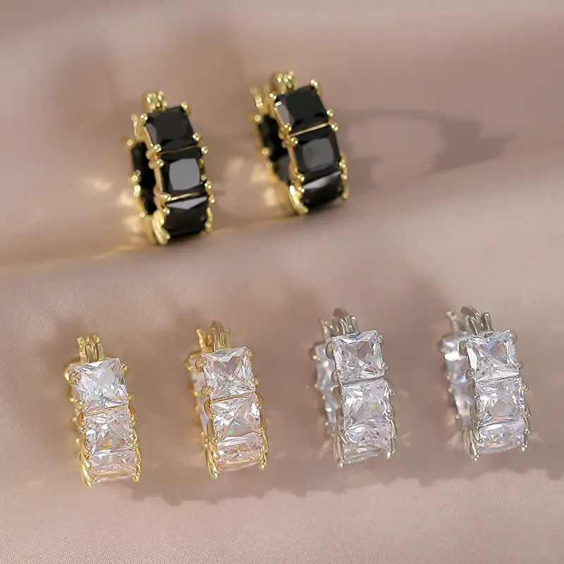Women's Classic Square Sugar CZ Hoop Earrings ,Shinning Clear, Black Crystal 14K Gold-Plated AAAAA Cubic Zirconia Costume Jewelry, Romantic Gift for Her