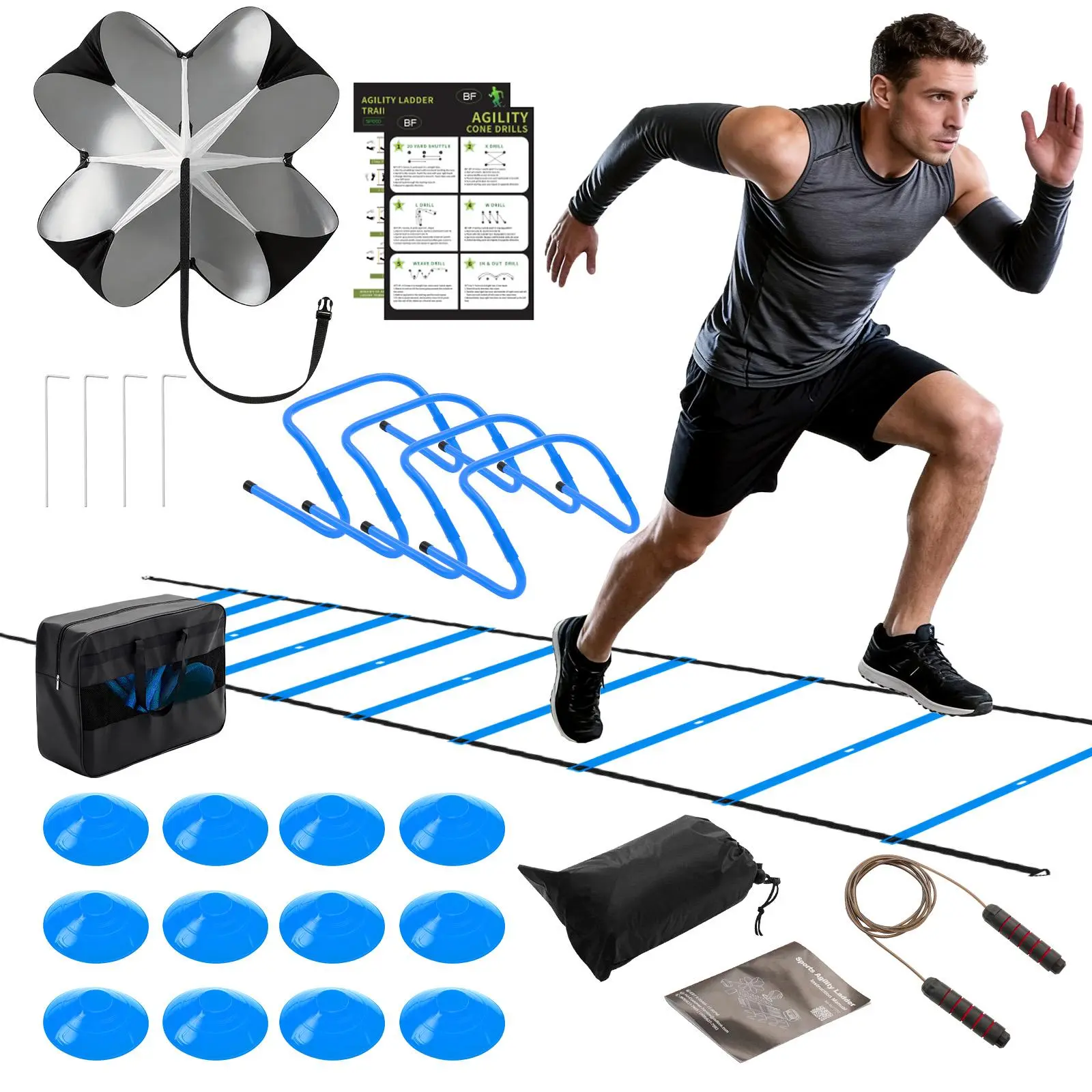 Sweetcrispy Agility Training Set - Home Gym Equipment for Kids & Adults with 20ft Speed Ladder, 12 Cones, 4 Hurdles, Parachute & Jump Rope for Soccer, Basketball, Functional Fitness Equipment, Yard