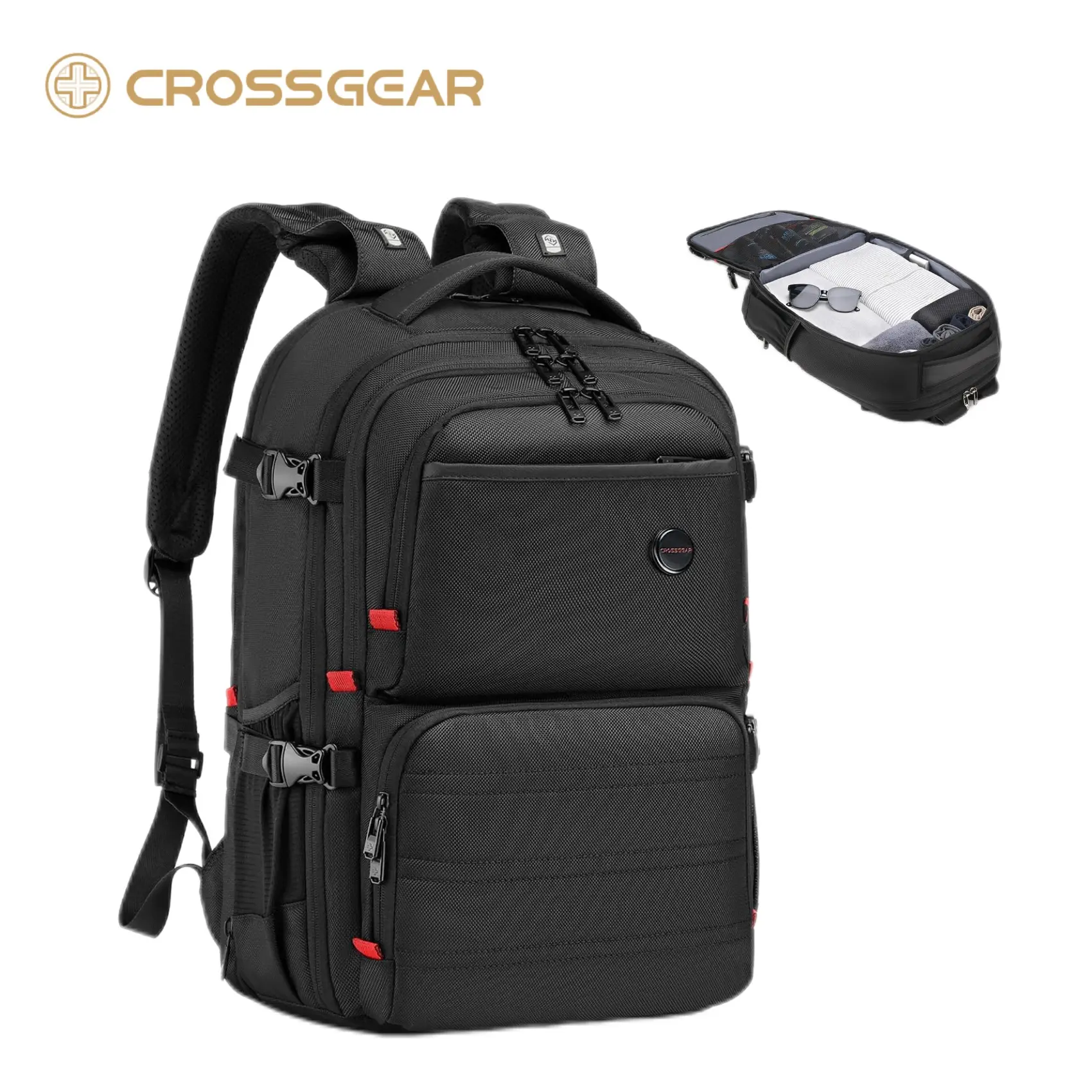 CROSSGEAR 40L Expandable Carry On Travel Backpack - TSA-Friendly Airline Approved Luggage, Ergonomic Strap, Fits 17.3in Laptop, Nylon Minimalist Multi Compartment Backpack for Men's Business Work
