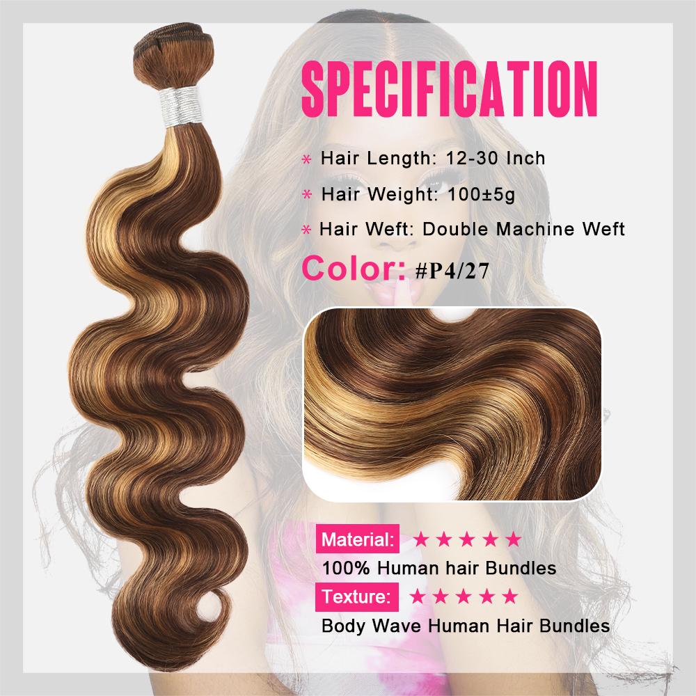 P4/27 Body Wave Bundles Human Hair Ombre Brown Highlight Human Hair Bundles for Sew In Colored Quick Weave HairStyles SpringStatements