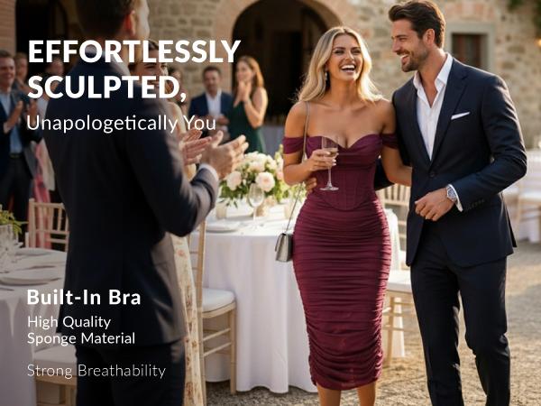 CurvySweet Women's Off The Shoulder Midi Dress Built-in Bra Ruched Corset Bodycon Spring Formal Cocktail Party Dresses