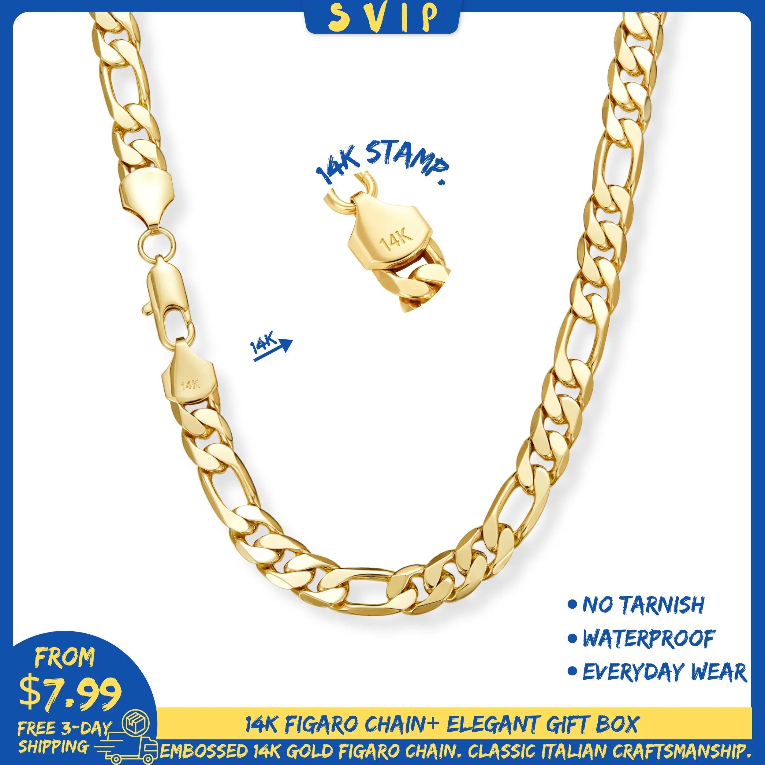 [Free 3-Day Shipping]Men's 14K Gold PVD Vacuum Coating-Plated Brass Figaro Chain Necklace, 2mm/10mm Width, 20-26in Lengths, Italian-Style Cuban Design, Anti-Tarnish Nano-Coating, Hip-Hop Street Style, Minimalist Layered Jewelry, Ideal Men's Gift Goldchain