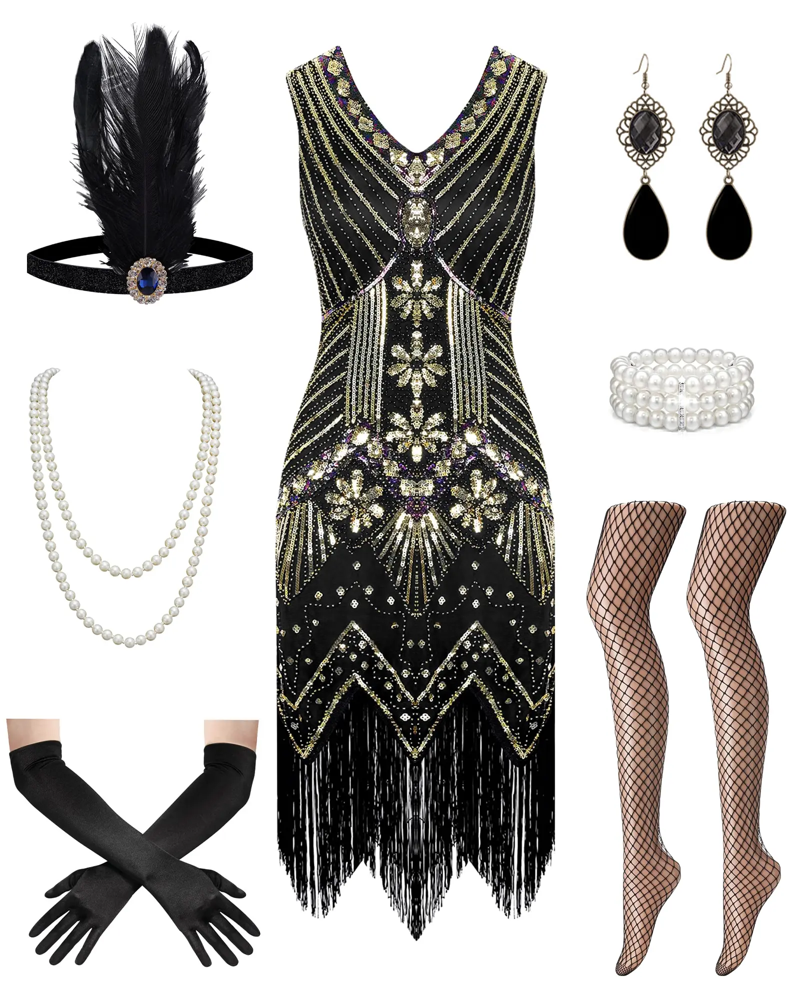 Women 1920s Flapper Dress Full Accessories Set, Roaring 20s Flapper Costume Dress, Vintage Fringed V Neck Great Gatsby Dress for Halloween Cosplay Prom Party