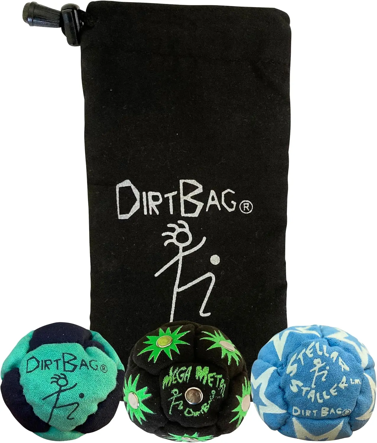 DIRTBAG All-Star Footbag Set - 3-Pack with Sand & Pellet Fills for 3 Different Feels, Bright Color Combos for Practicing New Tricks, Includes Carry Pouch, Endless Tricks, Blue/White, Blue, Black, W/ Blue Pouch, Green/Black, Black, Blue, W/Black Pouch