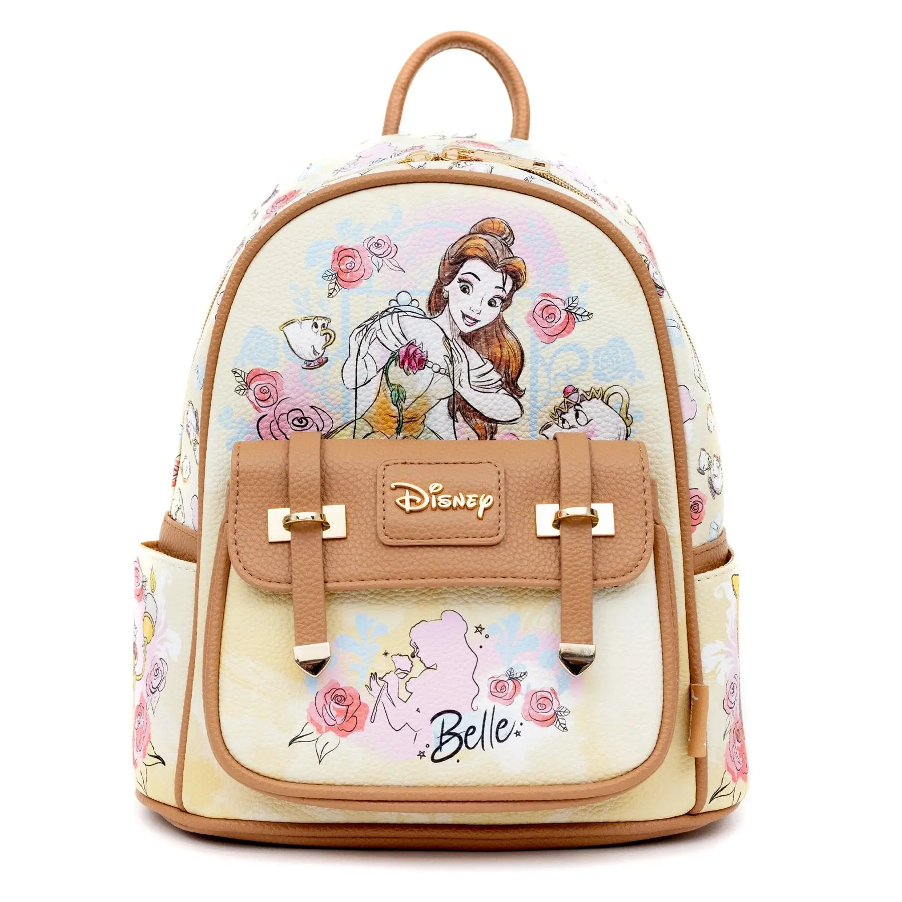 Cartoon Character Mini Backpack for Women, Beauty and the Beast Watercolor Print Faux Leather Bag with Double Zipper, Graphic, Everyday Carry, Mirror Roses, Metal, Character Backpacks, Watercolor Art, Animated Character Element Backpacks, Cartoon Theme Ba