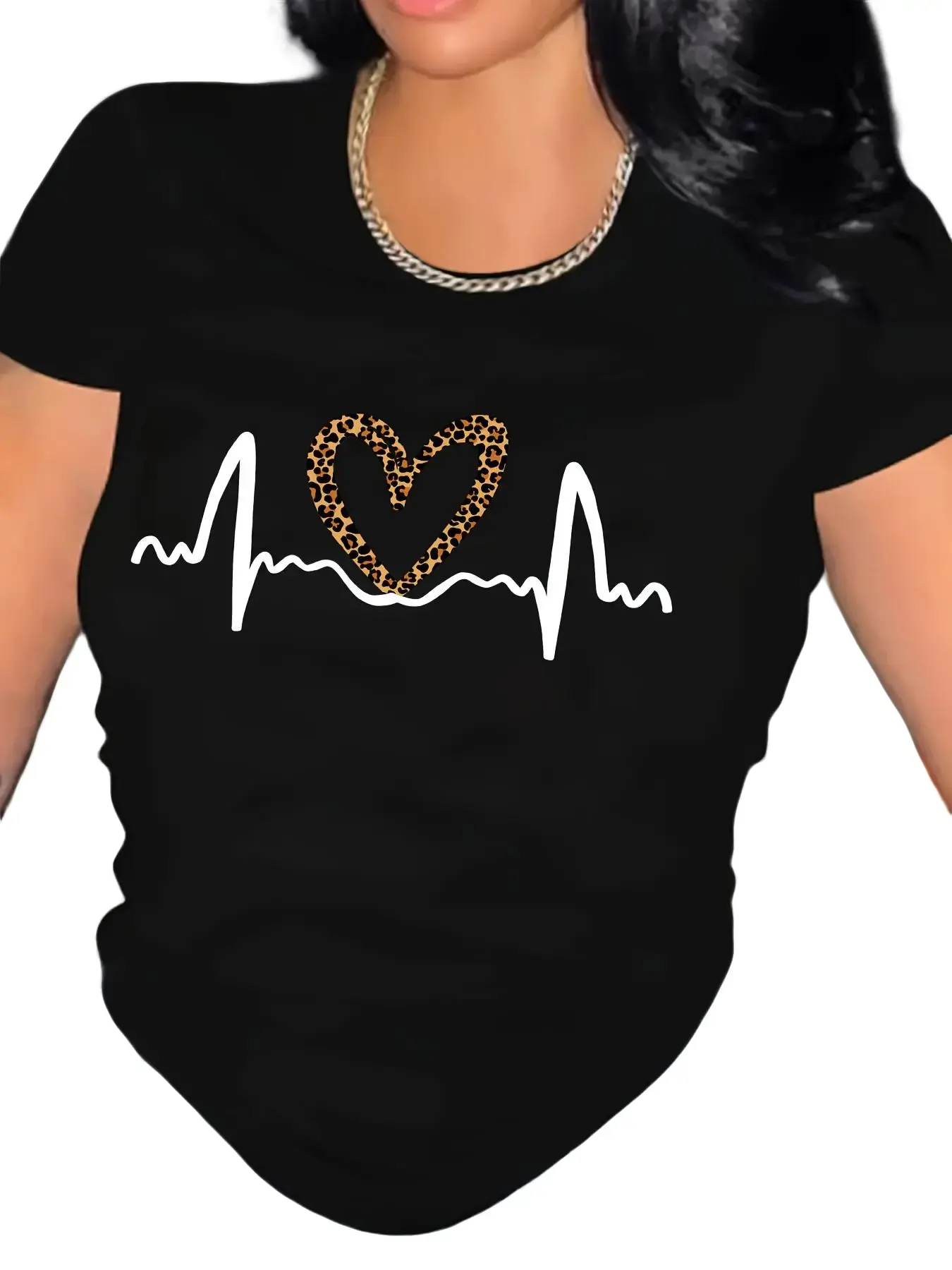 Women's Leopard Print Heart T-Shirt, Casual 100% Cotton Crewneck, Breathable Top for Sports, Athletic Sports Clothing, Breathable Tops, Short Sleeve Tops
