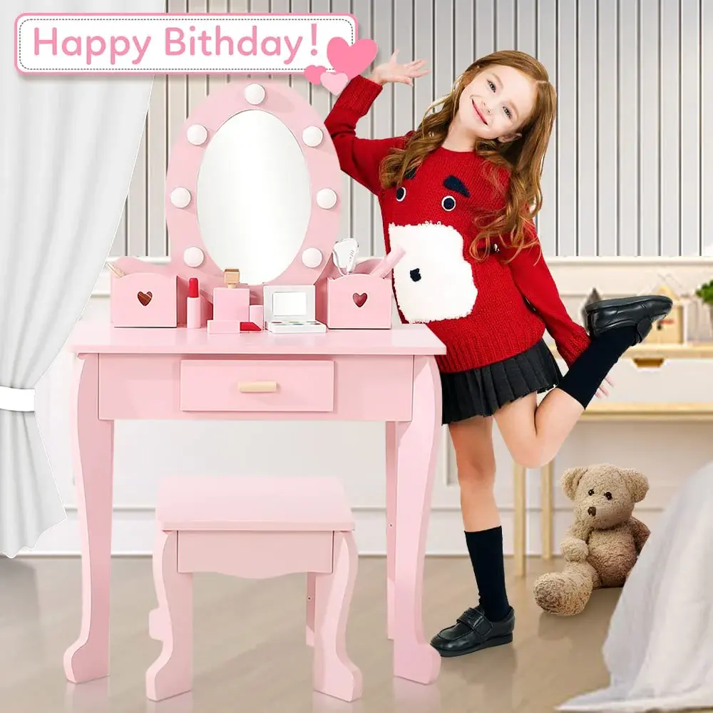【GARVEE】Pink Wooden Vanity Table and Chair Set for Children with Lighted Mirror, Makeup Storage Rack, Brush Holder, and Stool - Perfect Pretend Play Dressing Table