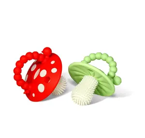 RaZbaby Soft Silicone Infant & Baby 3M+ Teether Toy Massaging Bristles Teething Relief Pacifier - Soothes Sore Gums - Hands-Free & Easy-to-Hold Chompy Teether, BPA Free (RED/Green)