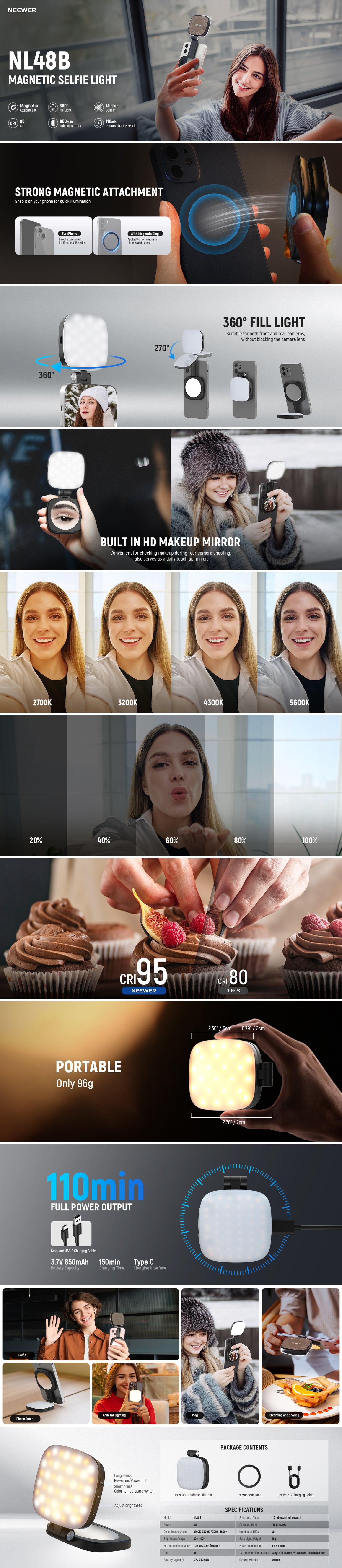 NEEWER BASICS NL48B Magnetic Selfie Light for MagSafe iPhone – Foldable LED Ring Light with Mirror & Stand, Portable Rechargeable Indoor/Outdoor Lighting for Makeup Selfie Photography & Video Recording NEEWER BASICS NL48B Magnetic Selfie Light for MagSafe iPhone – Foldable LED Ring Light with Mirror & Stand, Portable Rechargeable Indoor/Outdoor Lighting for Makeup Selfie Photography & Video Recording