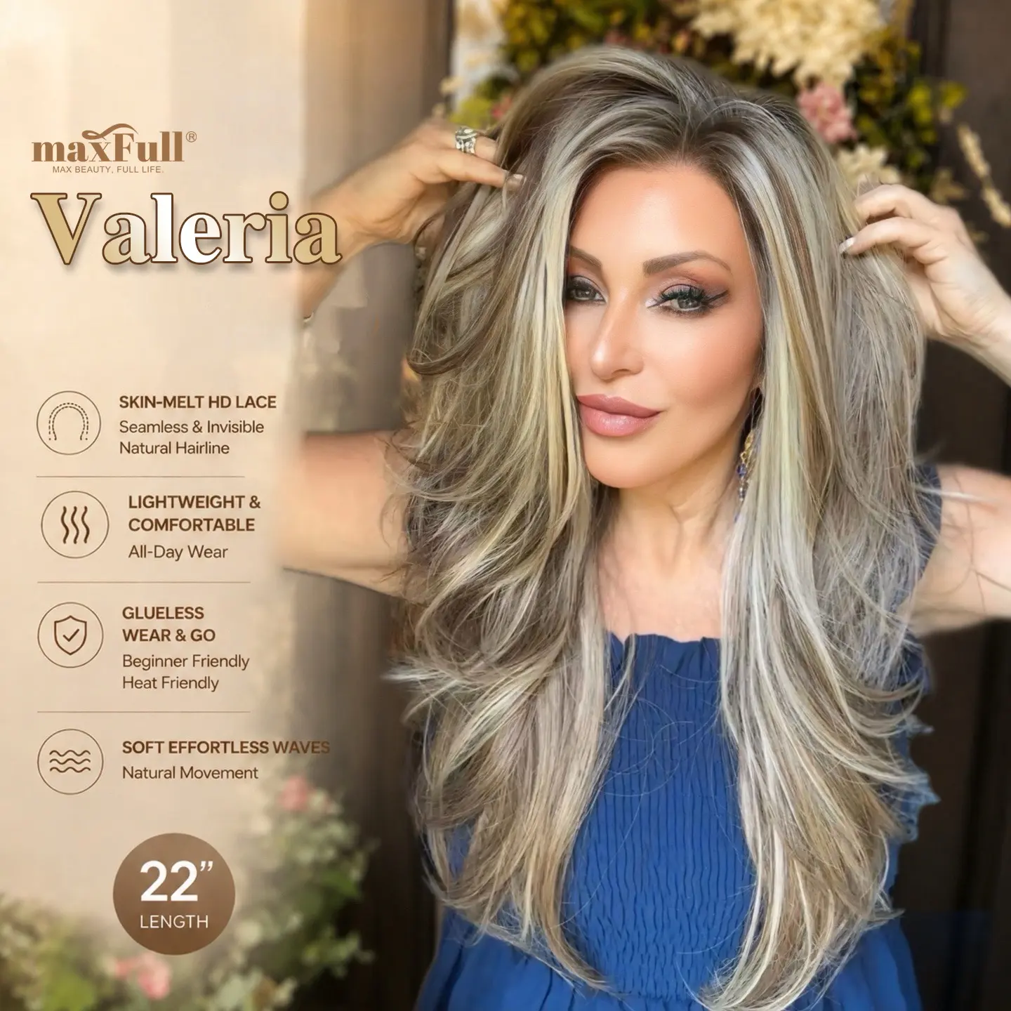 Valeria - MaxFull Dark Ash Brown Wig | Platinum Blonde Chunky Highlights, Pre-Cut 13×5 Skin-Melt HD Lace, Free Part, Face-Framing Layered, Soft Effortless Waves Wig
