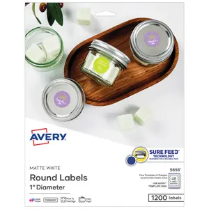 Avery Printable Round Labels with Sure Feed, 1" Diameter, Matte White, Permanent Adhesive, Laser & Inkjet Printers, 1,200 Blank Labels (5656)