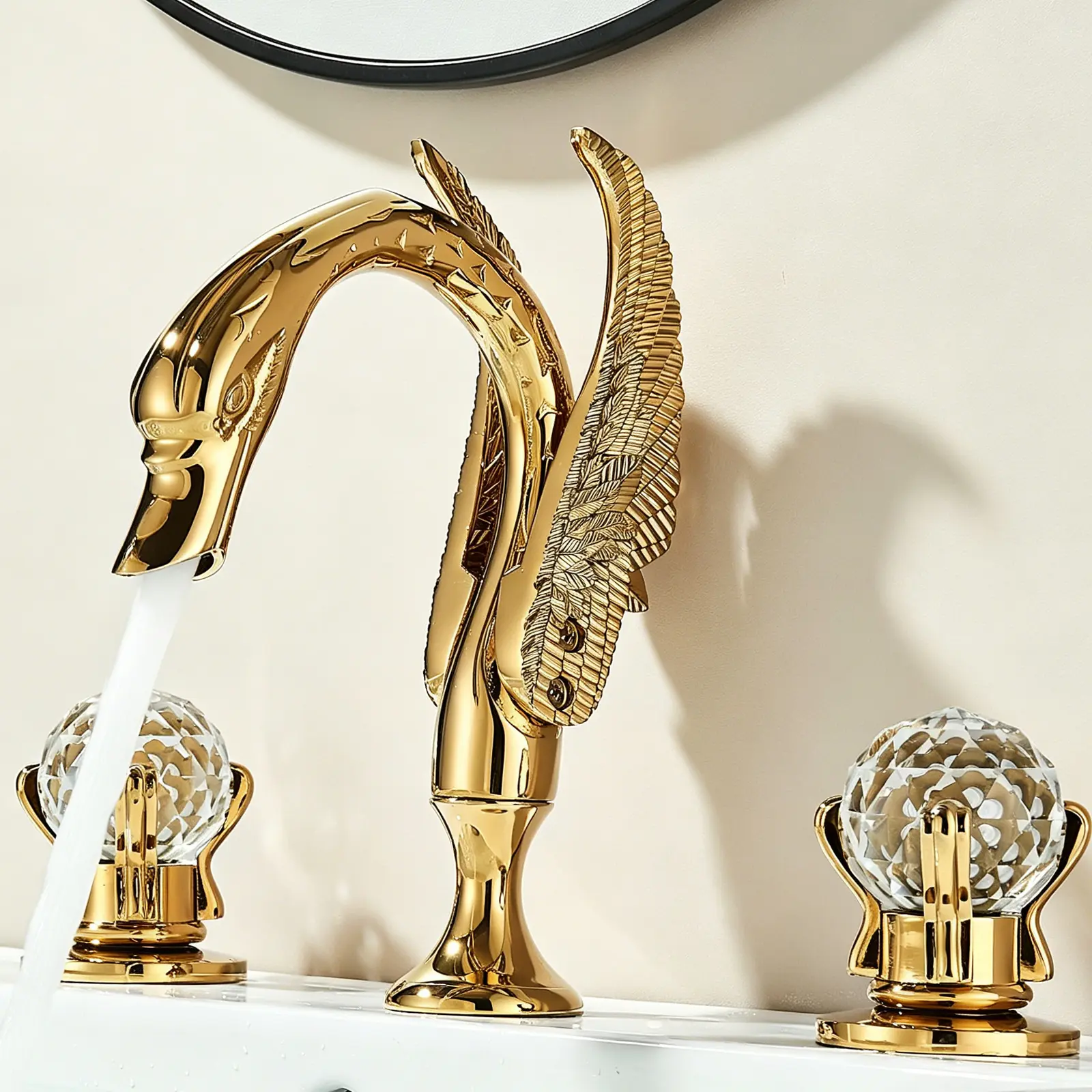 Luxury Gold Swan Bathroom Sink Faucet, 8 Inch Widespread Bathroom Basin Vanity Faucet Deck Mount 3 Hole 2 Handle Crystal Knobs Sink Mixer Tap,with Water Supply