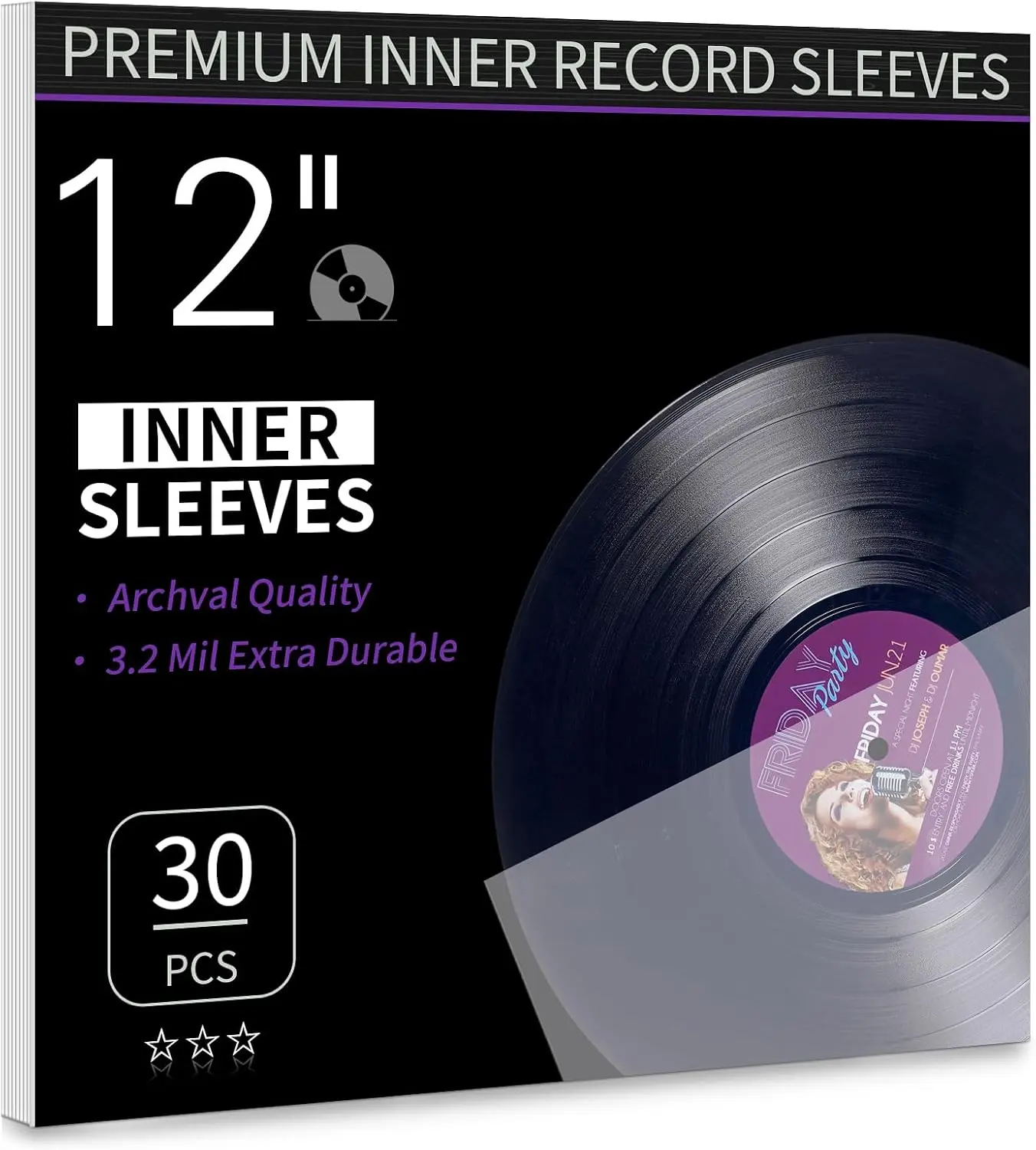30 Pack 12 Inch Vinyl Record Inner Sleeves for Protection Storage | 3.2Mil thick, crystal clear for LP display, Smooth opening, scratch-free storage