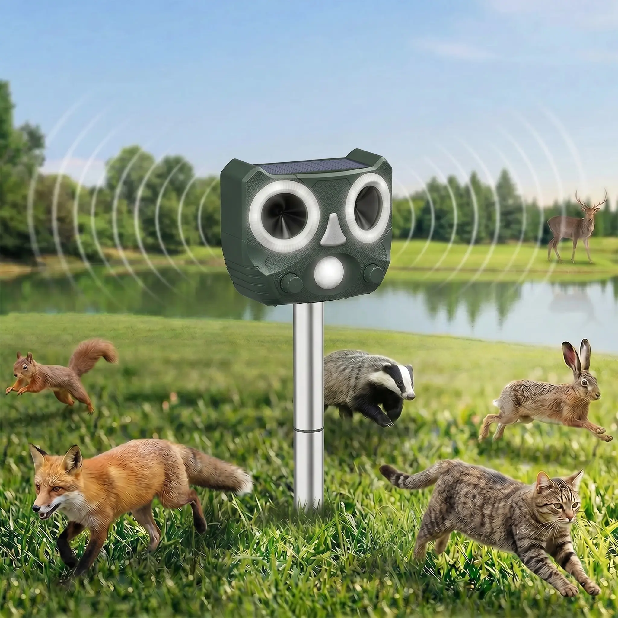 Outdoor Solar Animal Repellent, 2026 Upgraded Waterproof Ultrasonic+Flash Deterrent with 110° Wide Sensing Motion Sensor, 5mode Animal Deter, Easy Ground or Tree Mount for Garden, Farm (Cats, Raccoons)