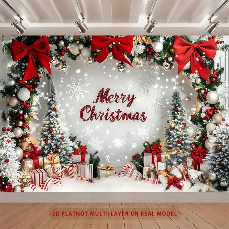 Tapestry 2D Flat, 1pc Festive Merry Christmas Party Banner - 2D Flat Polyester Backdrop with Snowy Scene, Decorative Bow, and Wrapped Gifts, Ideal for Home & Room Wall Decor, Christmas Decorations