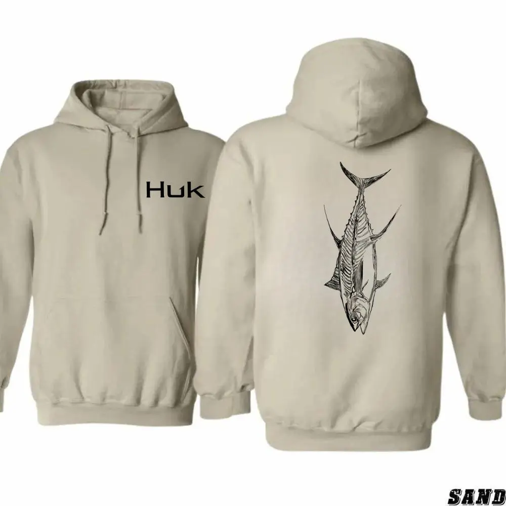Men's Huk Graphic Print Hoodie - Cotton, Long-Sleeve Menswear Top with Minimal Front Logo, Large Fish Line Art Back Print, Ribbed Details, Angler Outdoor Performance Wear, Hooded Neck