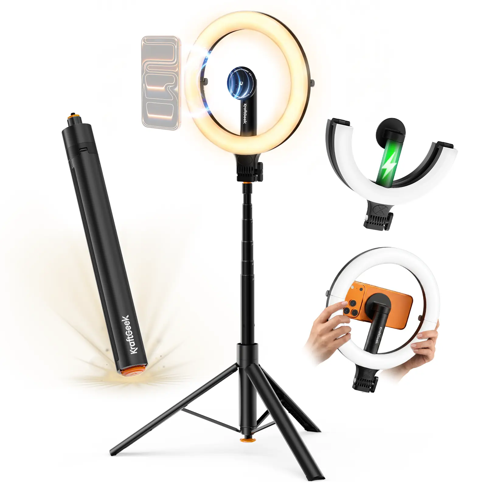 KraftGeek Glow Ring Portable Ring Light with Tripod Stand, JustTap To Open 76‘’ 2 in 1 Invisible Selfie Stick Tripod-Magnetic Attachment, Built-in 5000mAh Recharg, 3 Light Modes & 10 Brightness Levelseable Battery