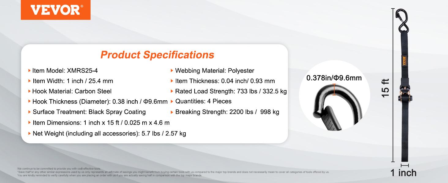 VEVOR Ratchet Tie Down Straps Kit, TikTokShopBlackFriday, 2200-11128 lb Max Break Strength, Includes 4 Premium 1" x 15' Rachet Tie Downs with Padded Handles, for Moving Securing Cargo, Appliances, Lawn Equipment, Motorcycle
