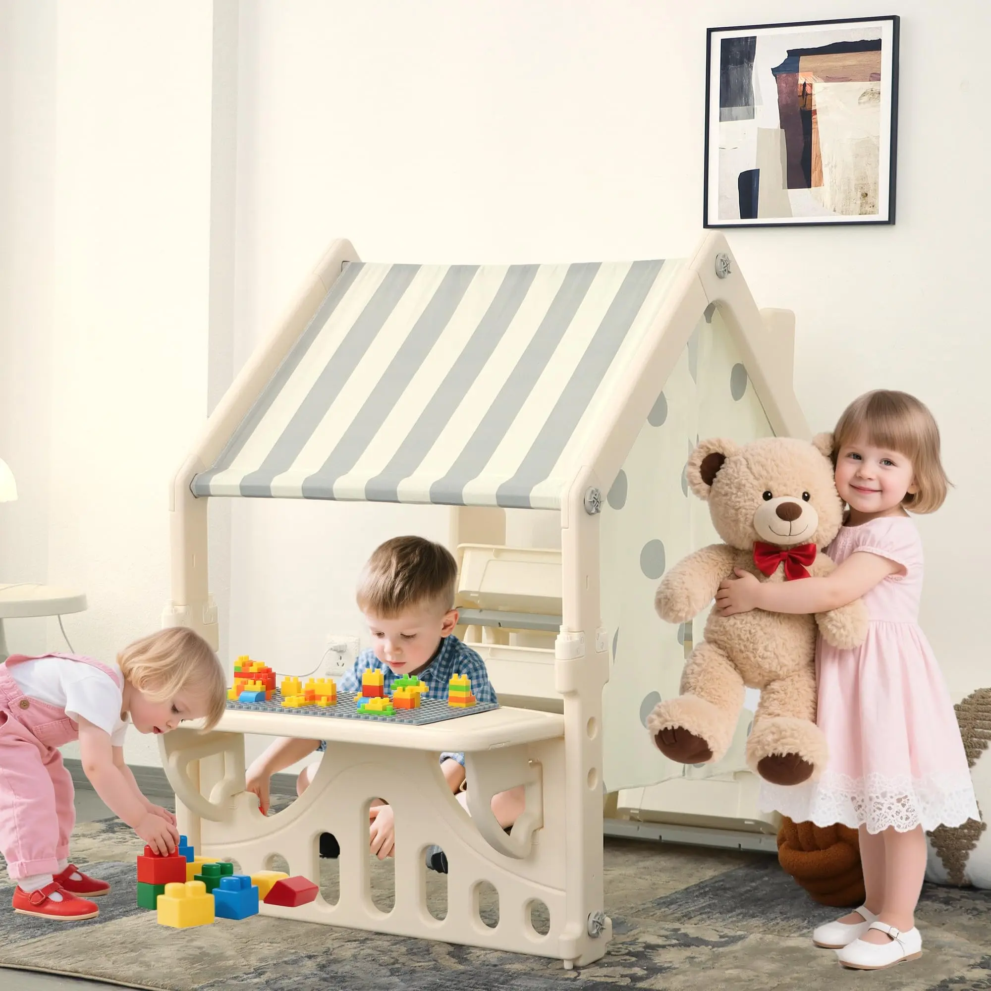 【Over 5,000 Orders Sold】Kids Playhouse with Building Block Panel and Categorized Storage Compartments, Featuring Roof and Curtains Indoor Play Storage for Toddlers, Packed with Creative Fun Shelves & Racks Gray Summervibes