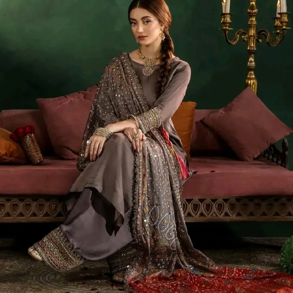 3pc beautiful stitched silk suit with hand embroidered dupatta with farshi shlwar for partywear