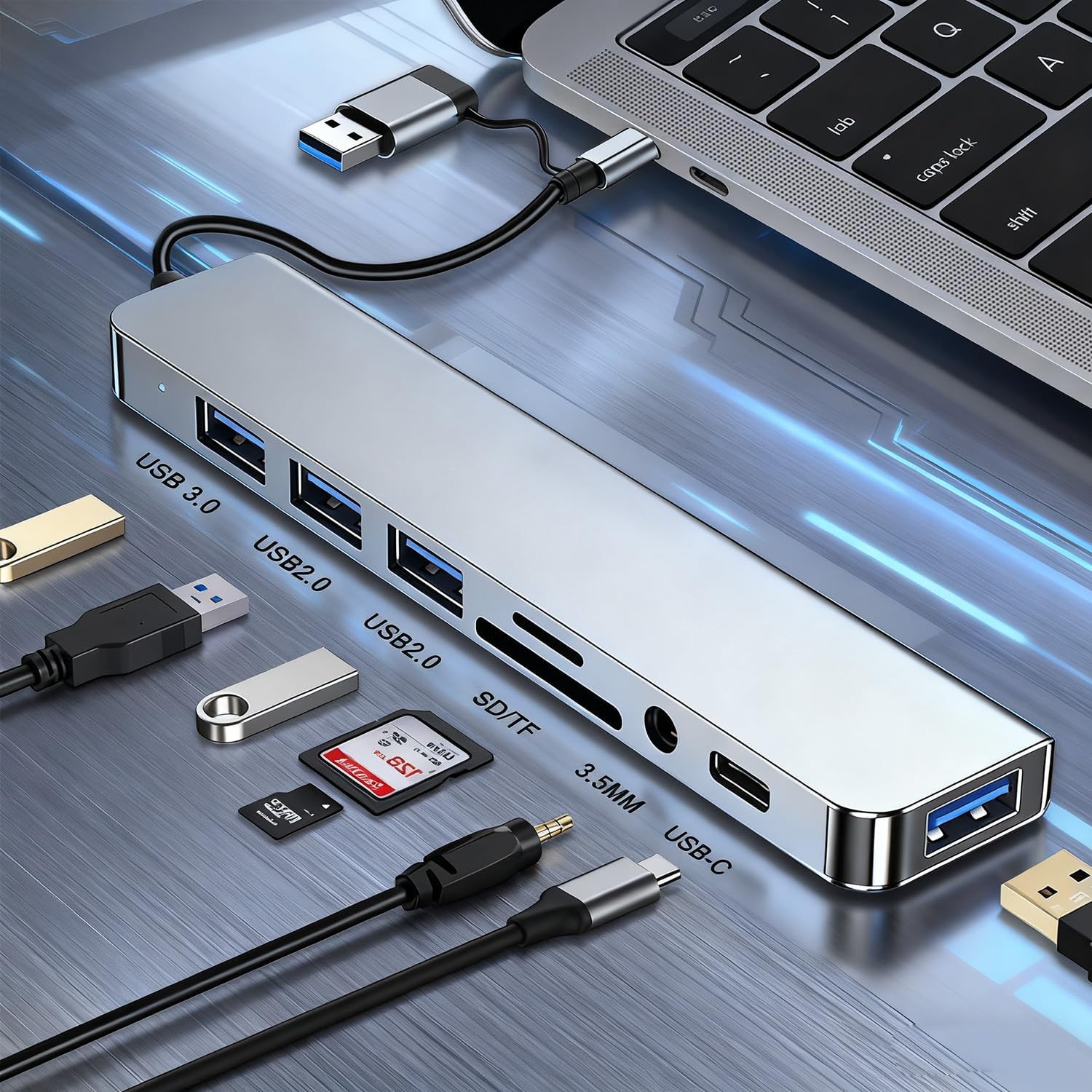 USB C Hub 10 in 1 Splitter Expander 8 Port Multiport Adapter 4 USB 3.0 Ports 1 USB-C Jack TF/SD Card Reader 3.5mm Aux Ports Audio Aluminum Output for iPhone 16 17 For MacBook Pro/Air For iPad iMac XPS Thinkpad Laptop Galaxy Phones High-Speed Data Transfer