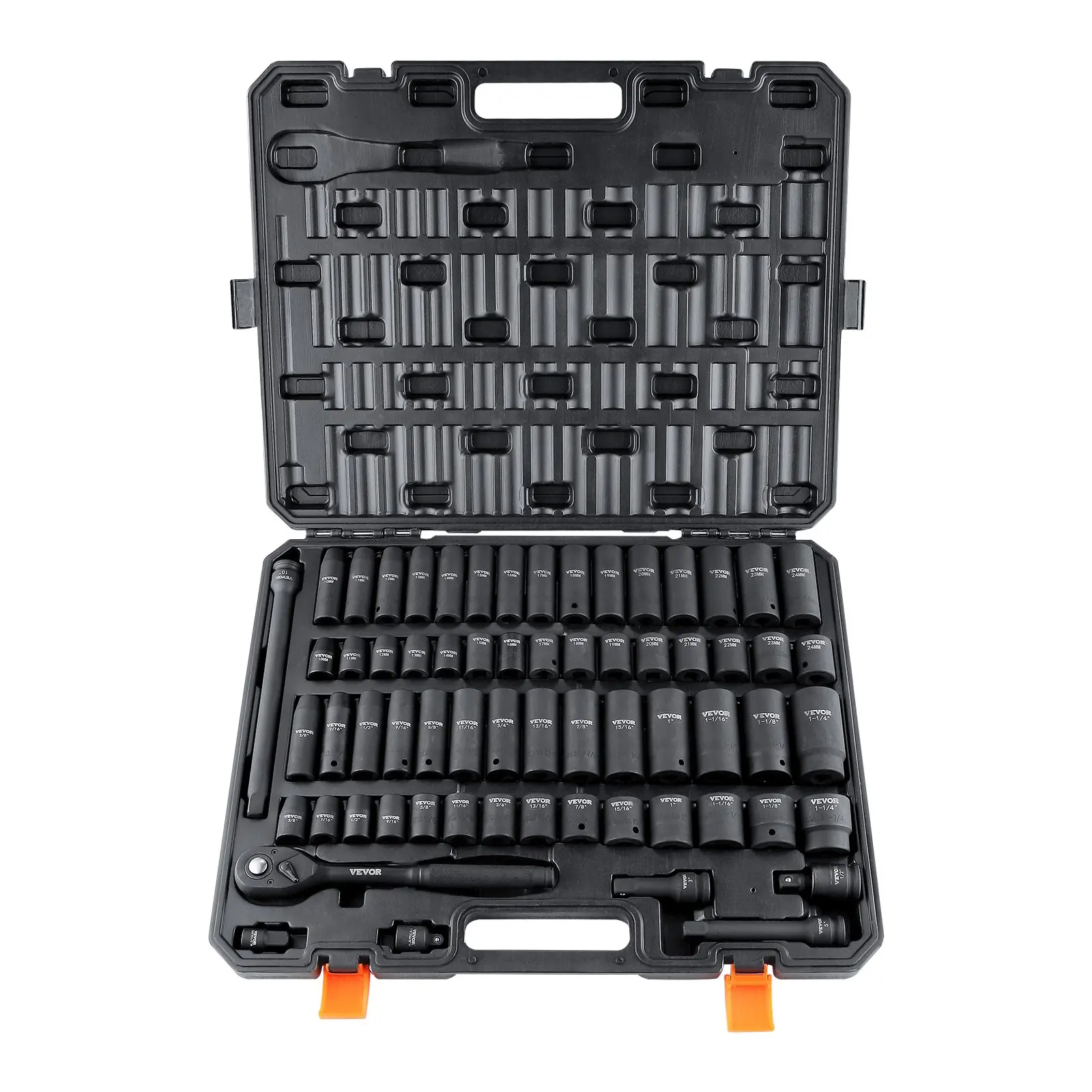 VEVOR 65-Piece Cr-V Alloy Steel Socket Wrench Set, Hex Drive Impact Sockets, Car Repair Mechanic Work Tools, Heavy-Duty Tool Box, Laser Etched Easy-to-Read Markings, Rugged Build