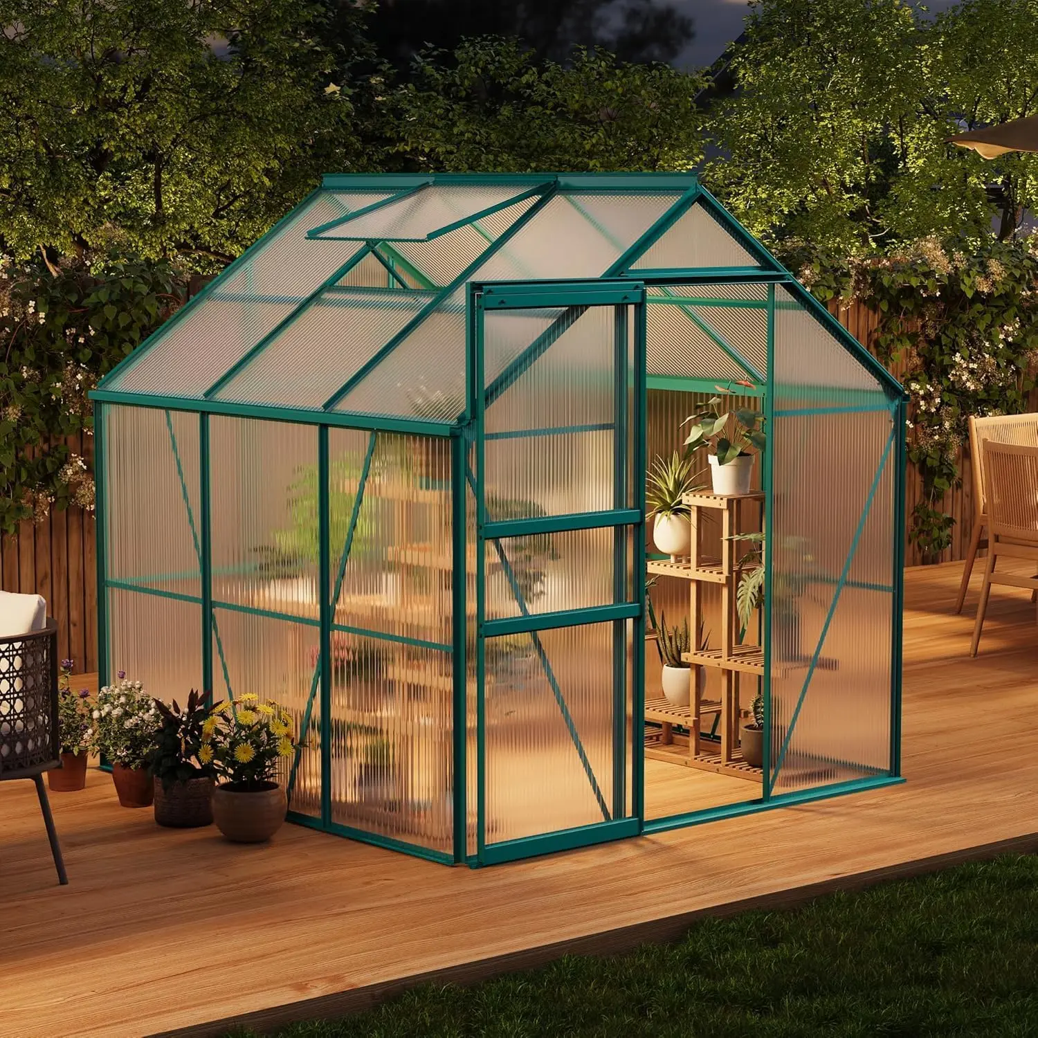 Garvee 6x6 ft Heavy Duty Outdoor Greenhouse, Polycarbonate Backyard Green House with Aluminum Frame, Sliding Door, Roof Vent & Rain Gutter, Ideal for Patio, Backyard, Garden