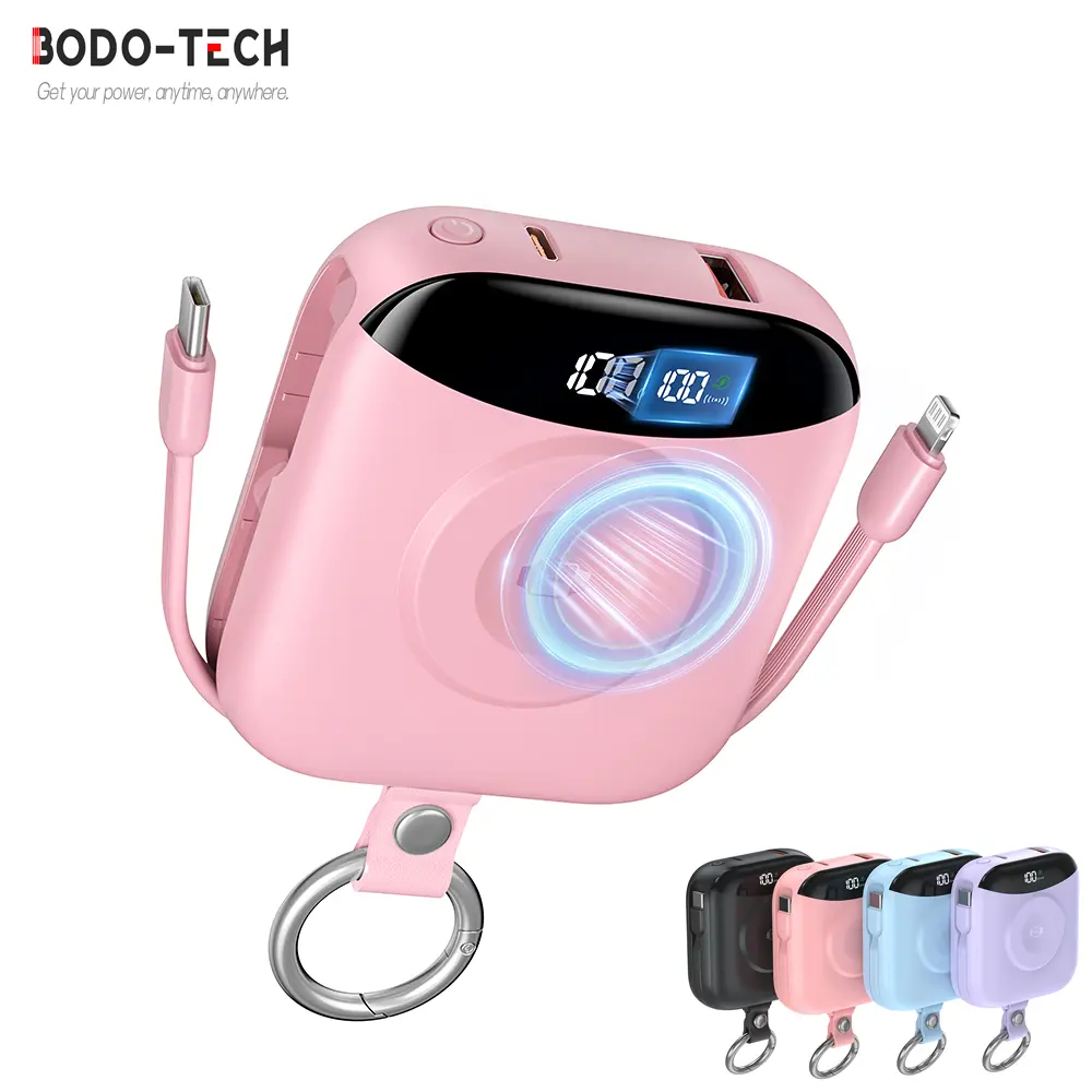 Bodo-Tech 10000mAh Wireless Charging Watch Power Bank - Ultra-Thin, Fast Charging, Keychain, Built-in Lightning & USB-C Cables, Compact Pink, SCP22.5W & PD20W Speed Up Charging, for iWatch, iPhone, Camping, Chargeable Smartphone Accessories, Mobile, Exten
