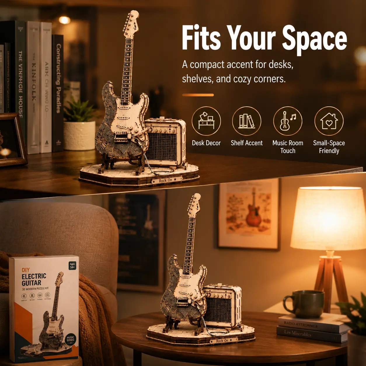 【ROBOTIME】3D Wooden Electric Guitar Creative Puzzle Model Kit - TikTok Viral DIY Musical Instrument Assembly Toy, Stress-Relief Desktop Ornament, Cool Gift for Male Musicians, Rubber Band Ball, Glitter Metal Fusion BeyBattle Set with Launchers & Battery
