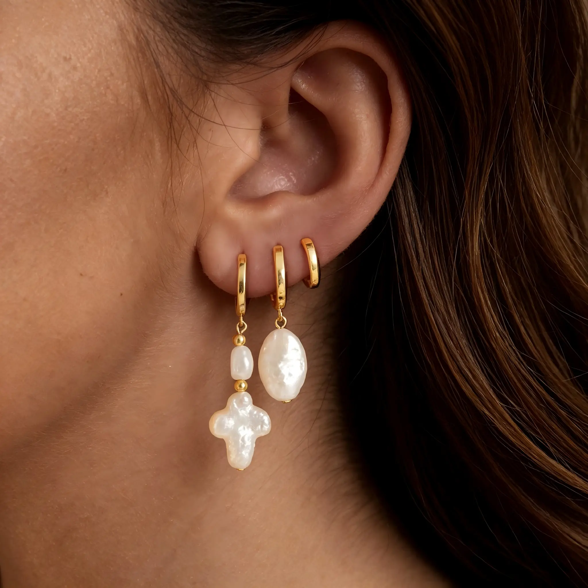 Tewiky 14K Gold Plated 3 Pairs Hoop Earrings for Women, Dainty Smooth Hoops with Cross Natural Pearl, Irregular Pearl & Minimalist Style, Hypoallergenic Christian Jewelry Gift, Each Pearl is Unique tiktokshopbacktoschool
