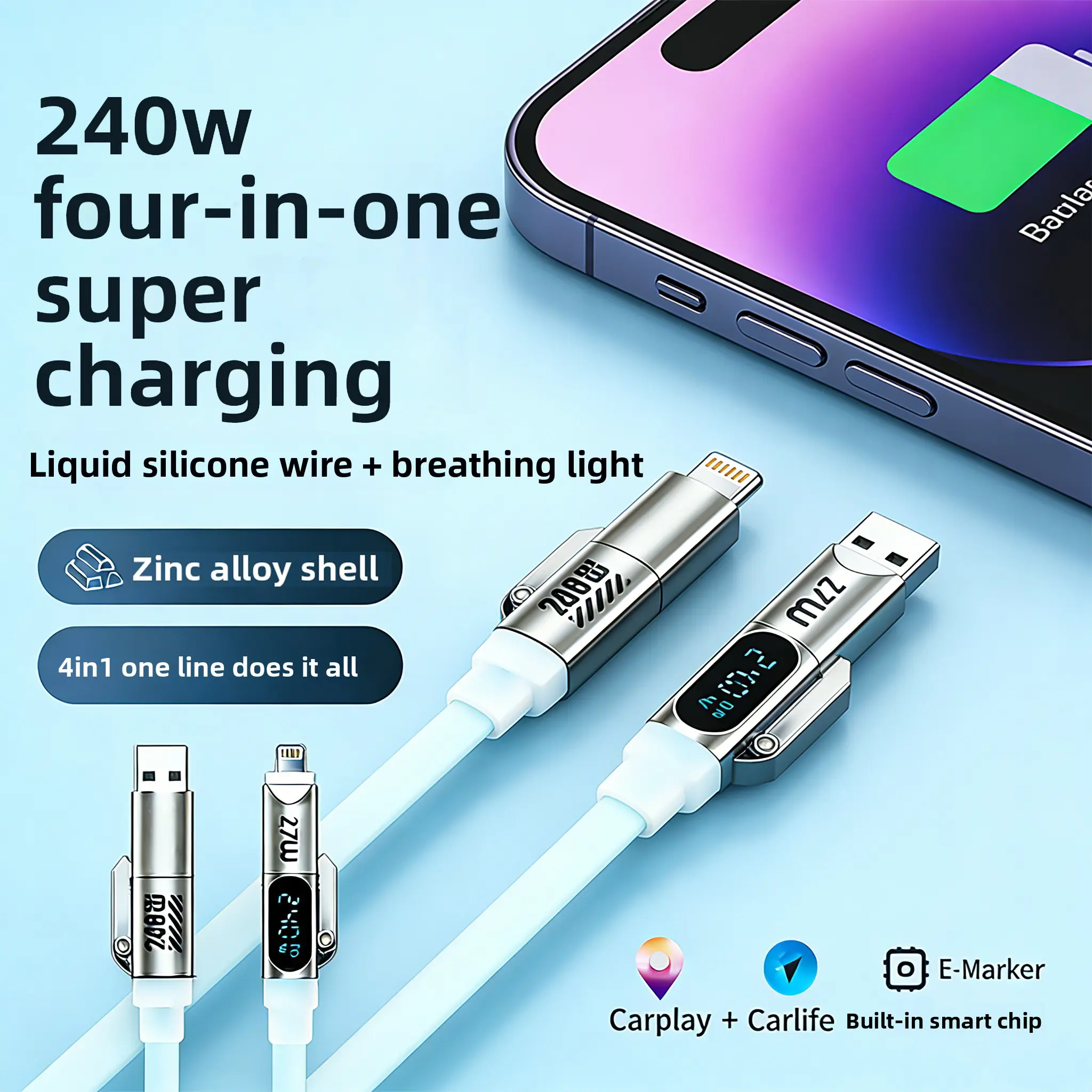 240W 4-in-1 High Efficiency Charger Cable with E-Marker Chip, PD3.1 Multi-Device Electronic Cable, USB-A/Type-C/Lightning, Aluminum Alloy, Liquid Silicone, Durable for Smartphone, Cellphone, Mobile iPhone 17/16/15, iPad, Samsung, Laptops