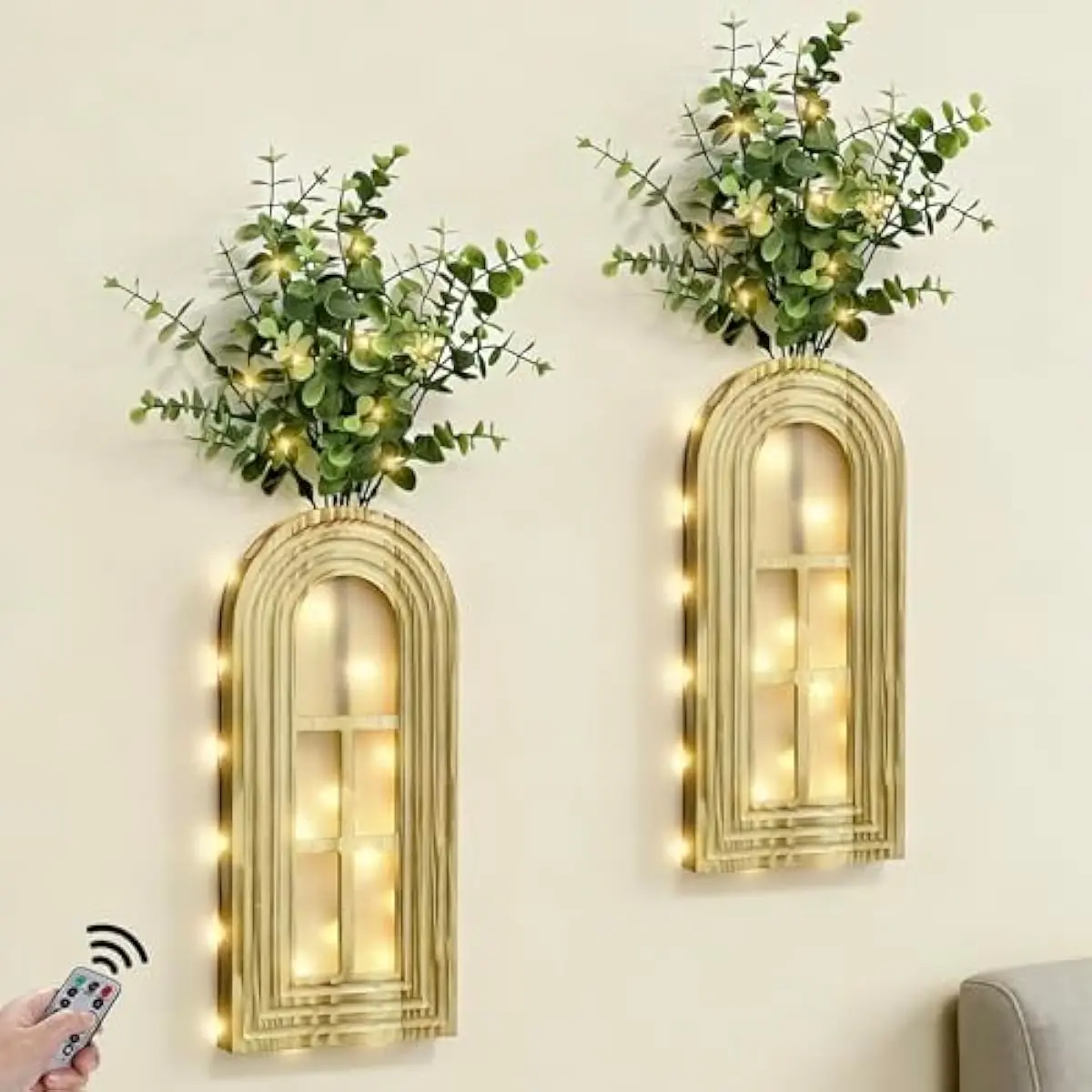 Holiday Deal Hanging Wooden Vase Wall Decor - Set of 2, Brown Finish Boho & Modern Farmhouse Decor with Fairy Lights & Artificial Plants, Wall Art for Living Room, Bedroom, Bathroom Home Decor Gift Idea