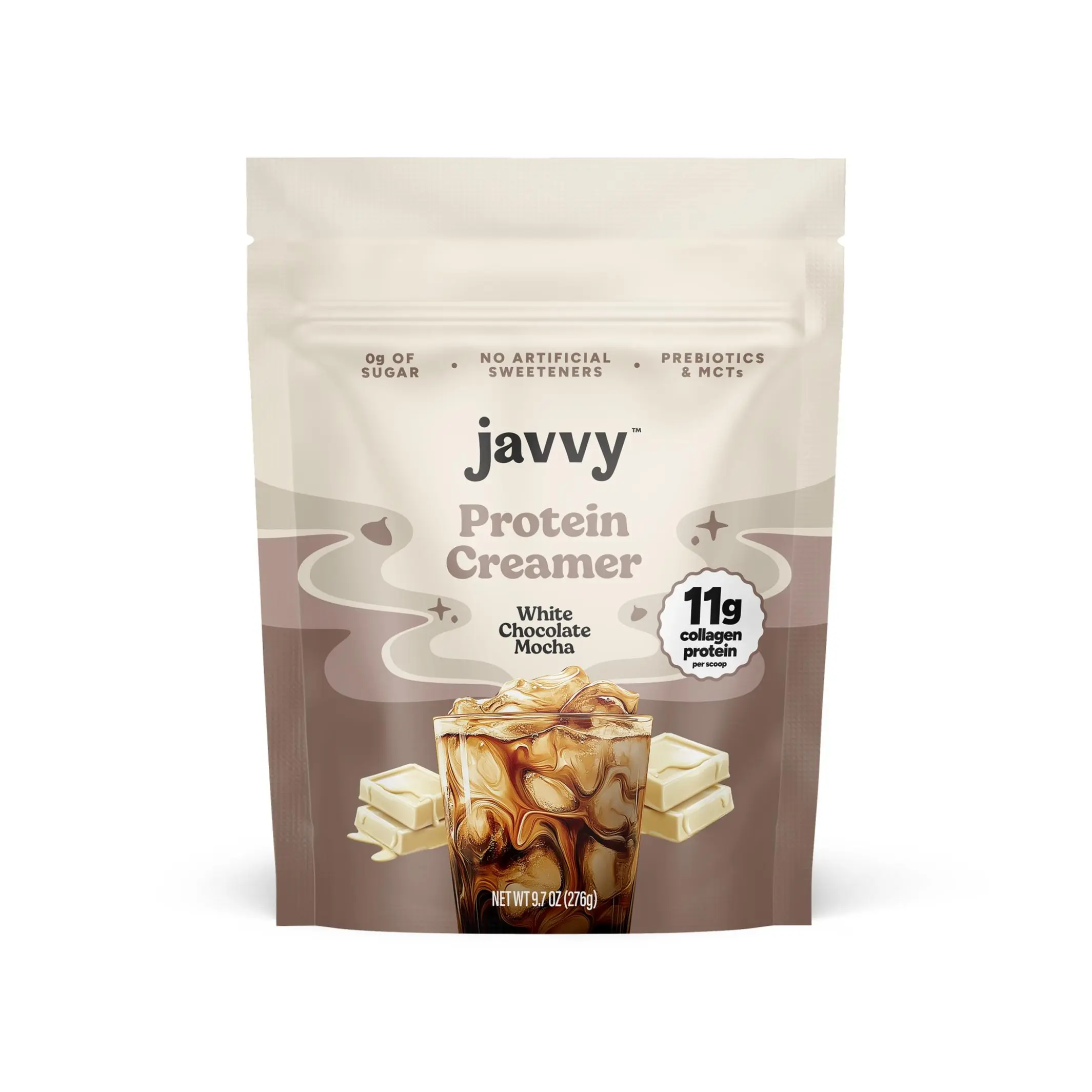Javvy White Chocolate Mocha Protein Coffee Creamer - Grass Fed Pasture Raised Collagen - Hair, Skin & Nail Support, Energy-Boosting MCTs, Keto Friendly, Lactose Free & Gluten Free, No Added Sugar, 11g of Protein