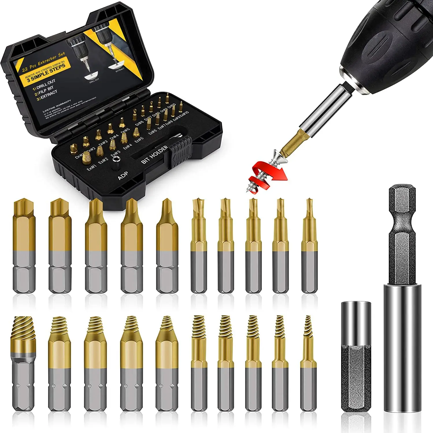 GJANSH 22Pcs Titanium Damaged Screw Extractor Set - Remover for Stripped Head Screws Nuts & Bolts Drill Bit Tools for Easy Removal of Rusty & Broken Hardware High Speed Steel Superb Gift
