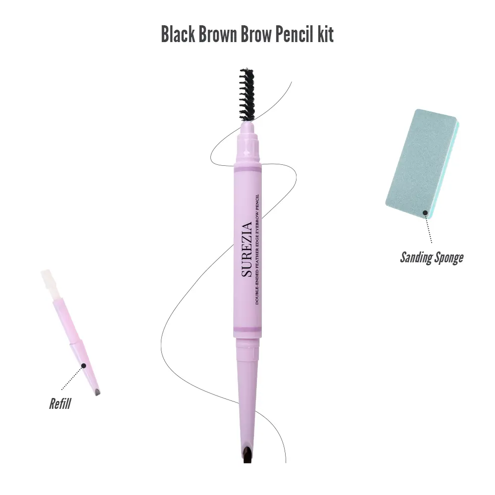 Black Brown Only SUREZIA Feather Edge Brow Pencil 3-in-1 Kit (Pencil + Refill + Sanding Sponge) Dual-Effect Tip for Two Looks Stays Sharp