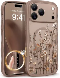 Phone case for iPhone 17 Pro Case Compatible with MagSafe [Curly Wave Edge][Full Camera Protection] Floral Translucent Shockproof Magnetic Women Phone Case for iPhone 17 Pro 6.3'', Floratopia/Brown