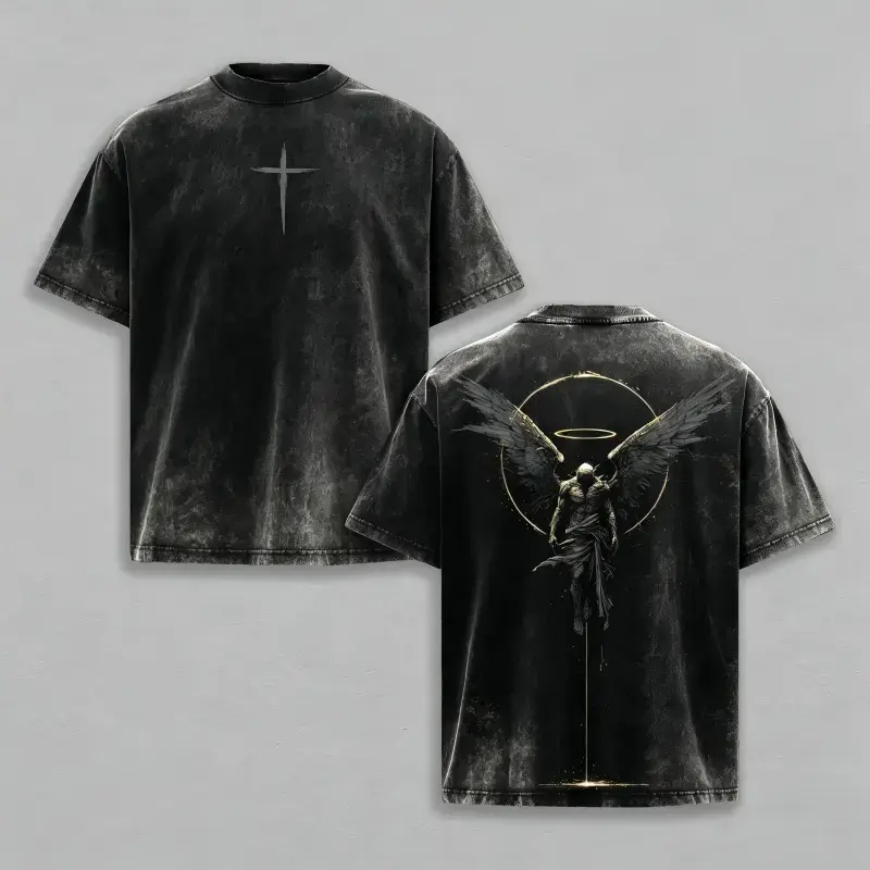 Men's Oversized Heavy Cotton Round Neck Shortsleeve Tshirt - Male Clothing Casual Graphic Top, Streetwear with Archangel of Repentance Acid Wash, Fallen Angel Double-Print, Crusader Armor, Vintage Cross, Medieval Warrior Gothic Faith Design, Plain Option,